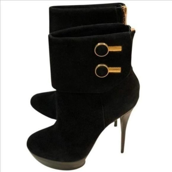 RACHEL ZOE Cuffed Black Suede Platform 6" Stiletto Heel Ankle Boots - Picture 2 of 5
